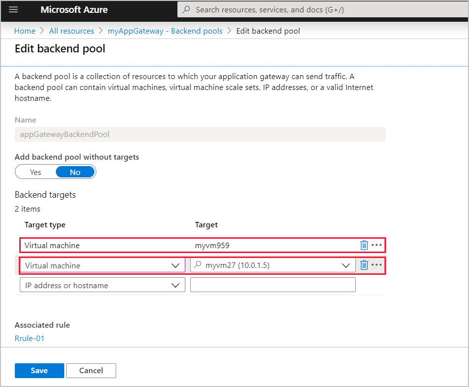 Edit backend pool pane with Target types and Targets highlighted.