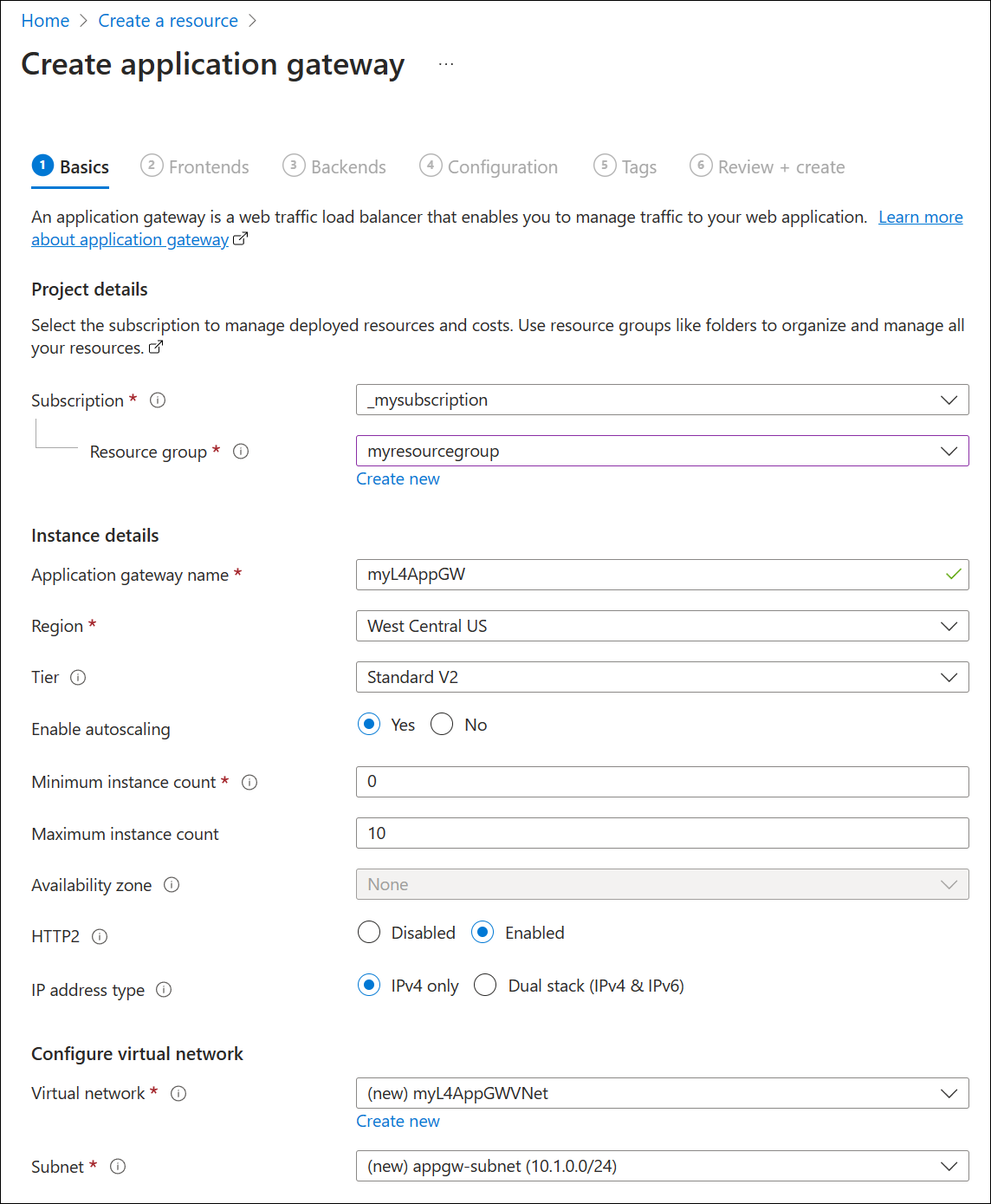 Screenshot displaying basic Application Gateway settings.