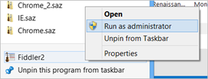 Screenshot shows the Fiddler setup program with a contextual menu with Run as administrator selected.