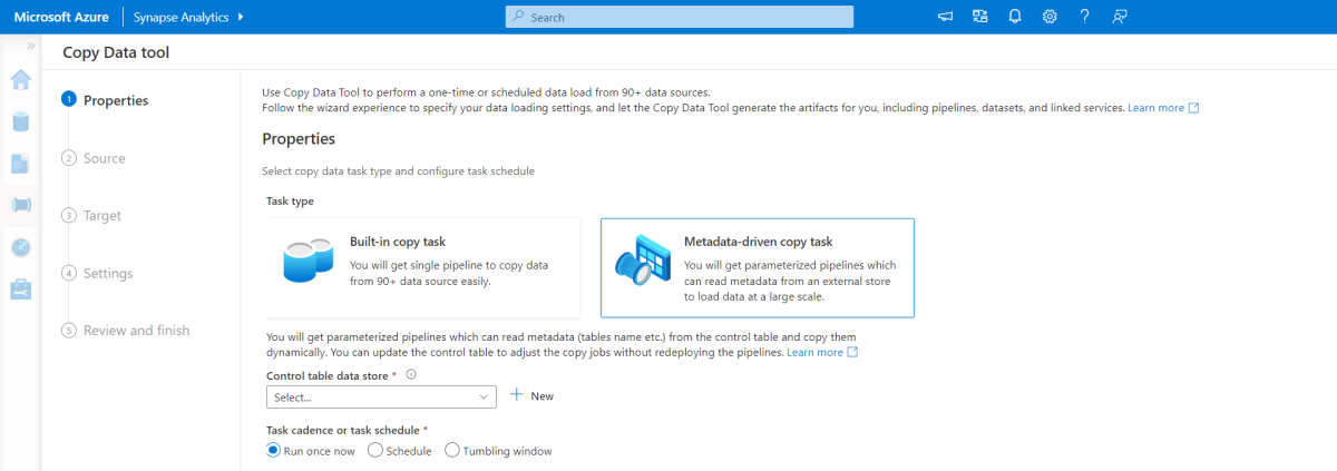 Screenshot of metadata-driven copy data tool in Azure Synapse Analytics.