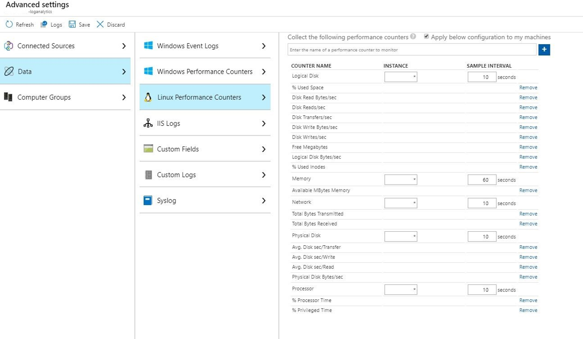 Screenshot showing the Advanced settings window. The Data and Linux Performance Counters menu are highlighted. Performance counter settings are visible.