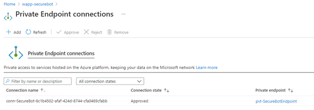 Screenshot of the "Private Endpoint connections" pane.