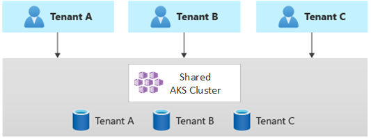 A diagram that shows three tenants. Each uses a dedicated database and a single, shared Kubernetes application.