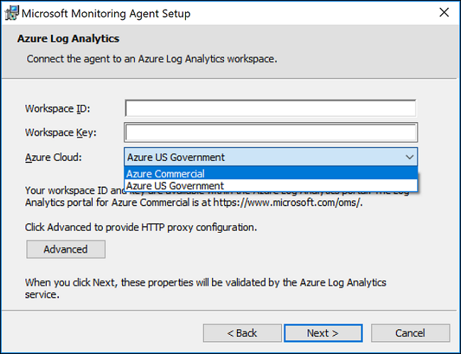 Log Analytics Agent setup page for connecting agent to an Azure Log Analytics workspace