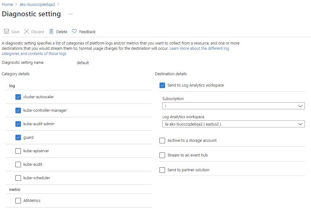 Screenshot that shows the AKS diagnostic setting.