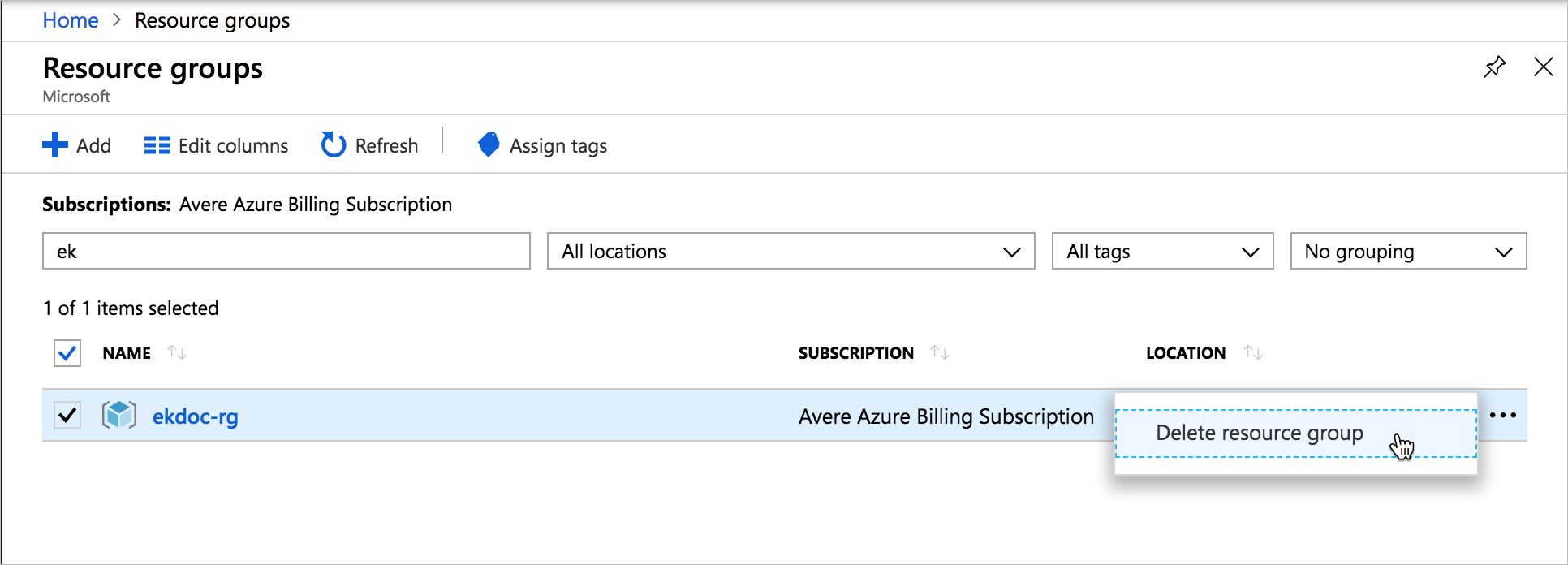 Resource group showing the "Delete resource group" action