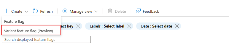 Screenshot of the Azure platform. Create a variant feature flag.