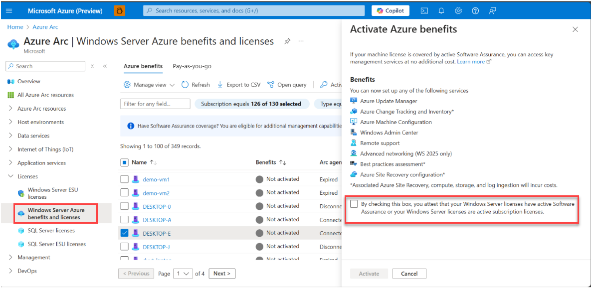 Screenshot of Azure portal showing Windows Server benefits and licenses with benefits pop up.