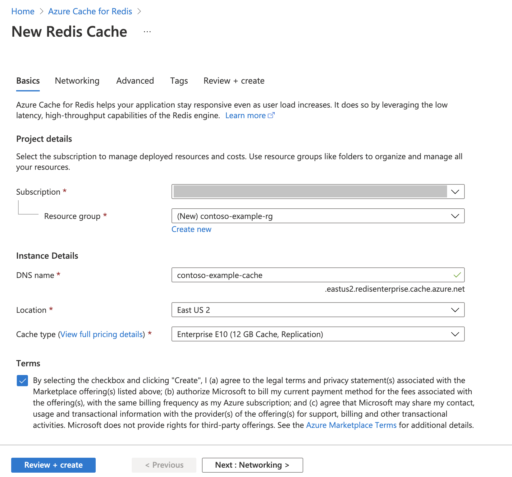 Screenshot that shows the Enterprise tier Basics tab on the New Redis Cache pane.