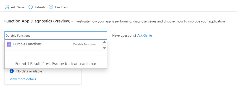 Screenshot showing how to search for Durable Functions detector.