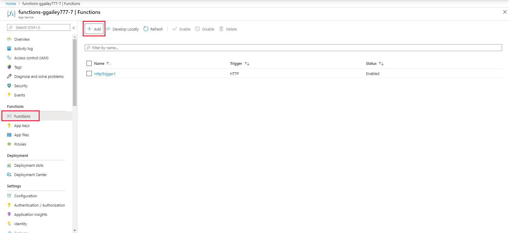 Add a function in the Azure portal.