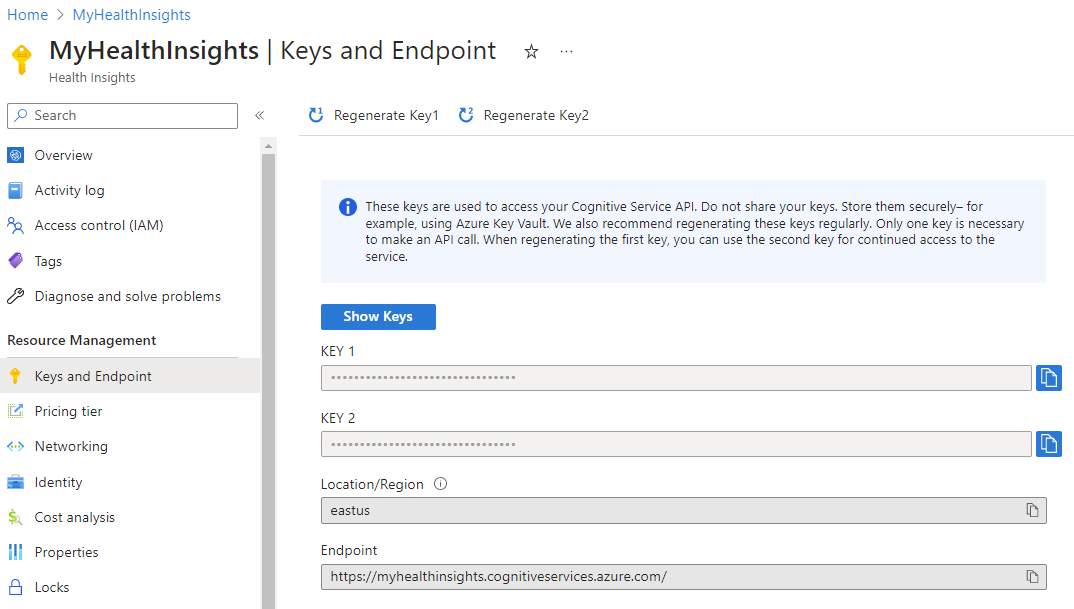 Screenshot of the Keys and Endpoints for the Radiology Insights.