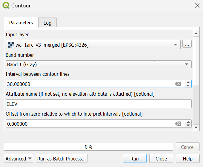 A screenshot showing the contour dialog in QGIS.