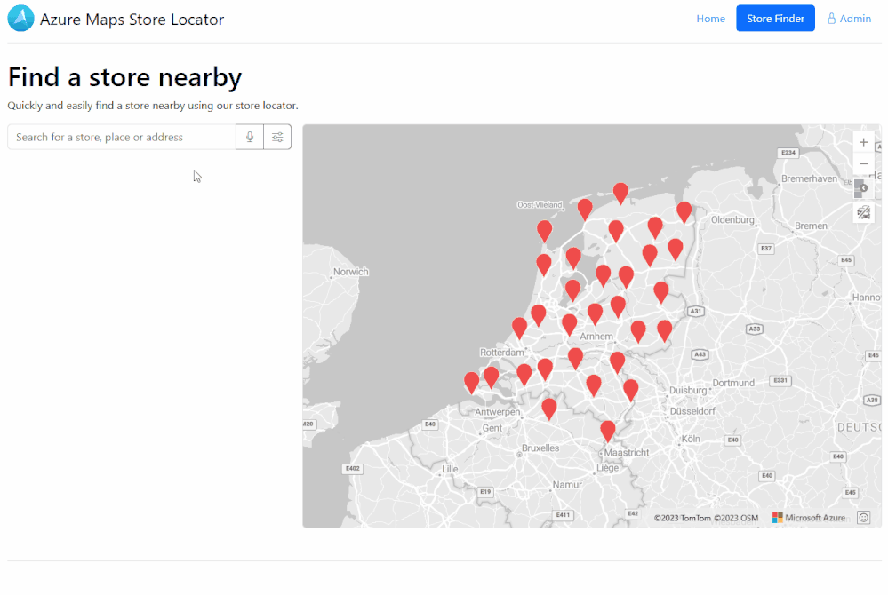 A screenshot showing the Azure Maps store locator sample.