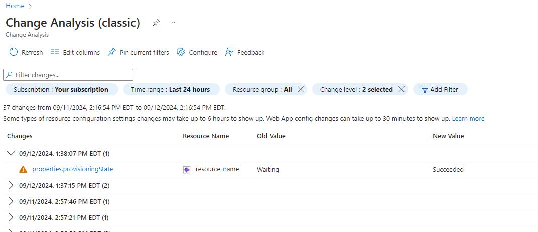 Screenshot that shows the Change Analysis (classic) pane in the Azure portal.