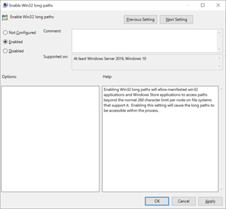 Screenshot of window to enable long file paths.