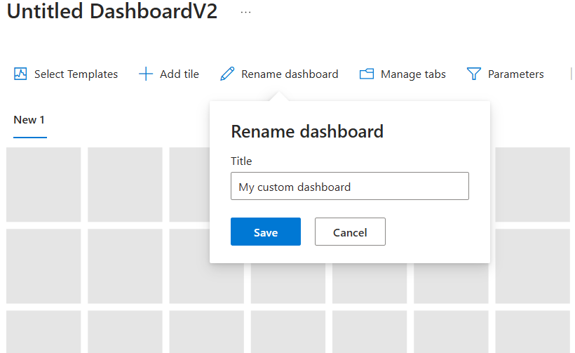 Screenshot showing a dashboard being renamed in the Dashboard hub.