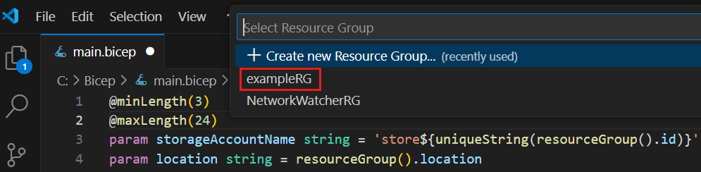 Screenshot of an example resource group, exampleRG.