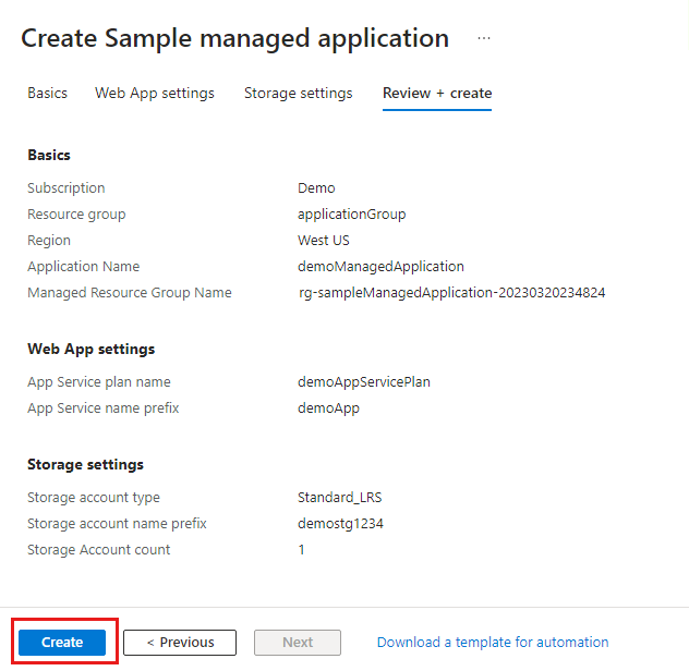 Screenshot that summarizes the values you selected and shows the status of validation passed.