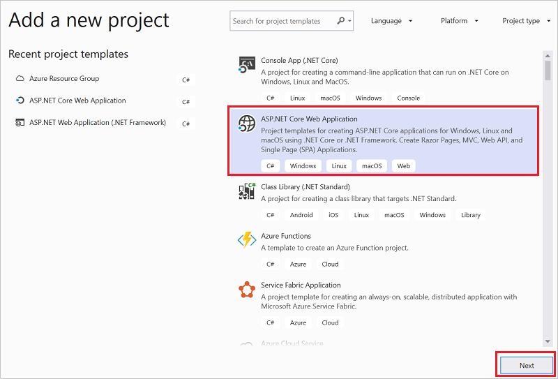 Screenshot of Create a new project window highlighting Azure Resource Group and Next button.