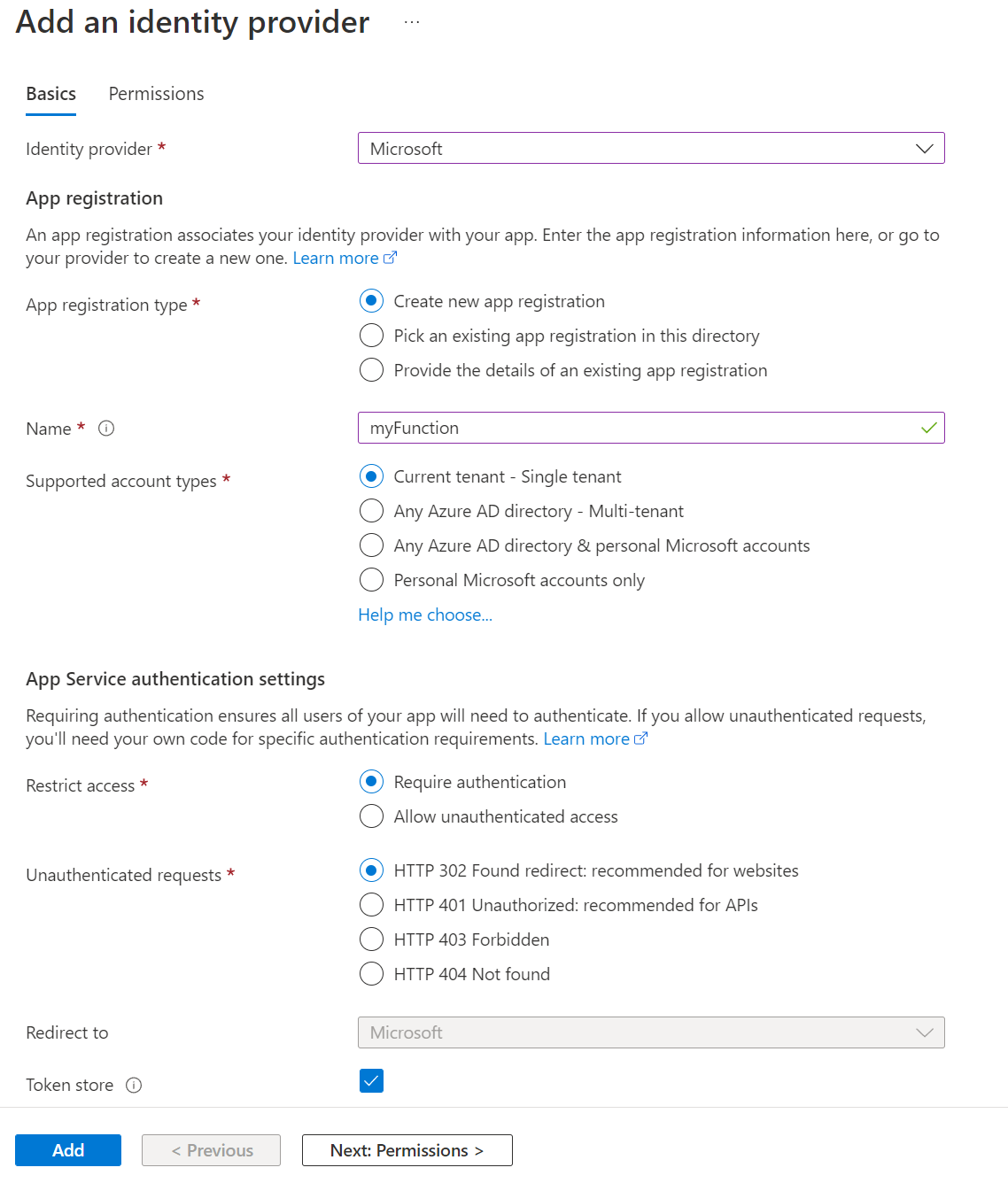 Screenshot that shows basic information for adding an identity provider.