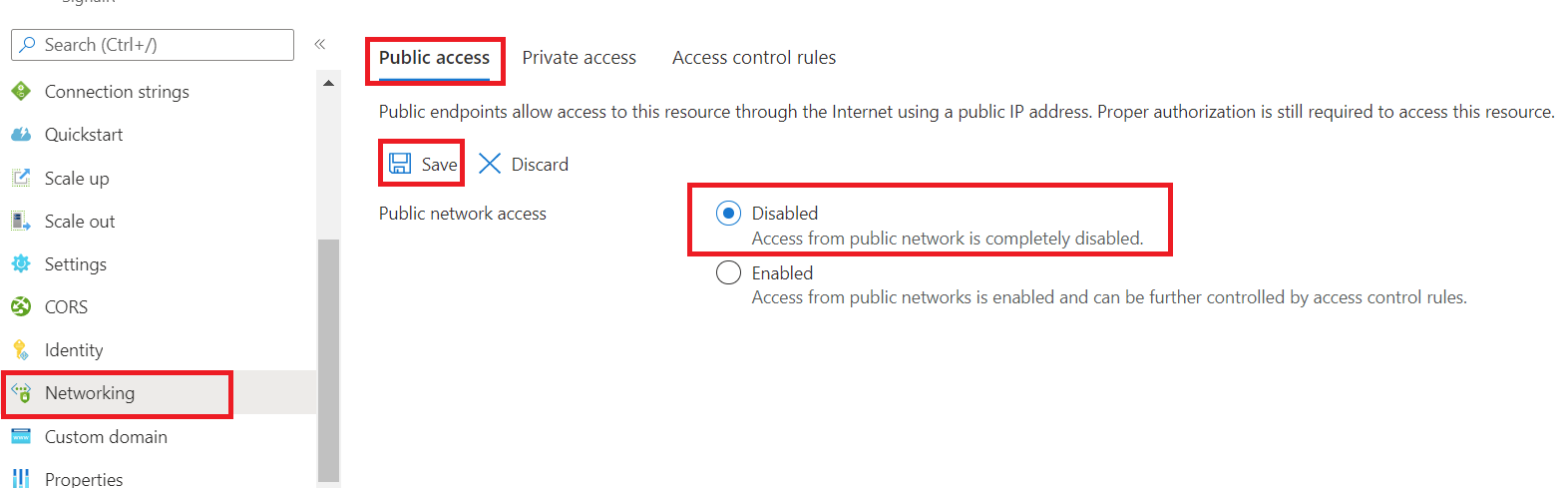 Screenshot of disabling public access for SignalR Service.