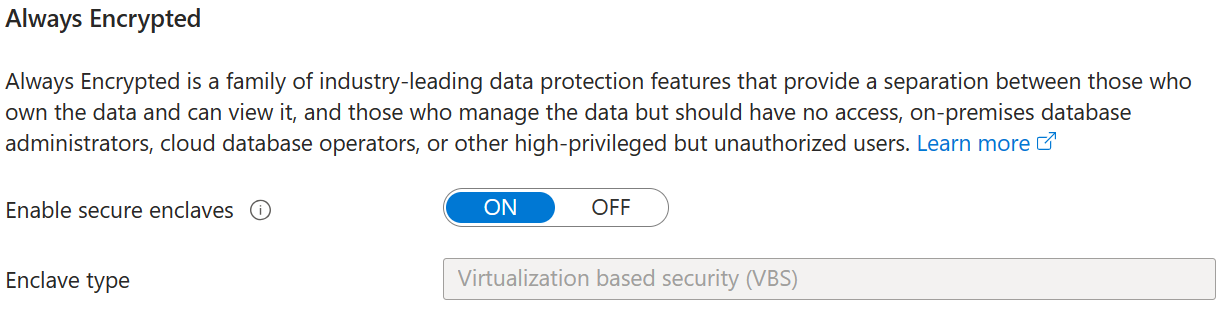 Screenshot of creating a new database or elastic pool with a VBS enclave.