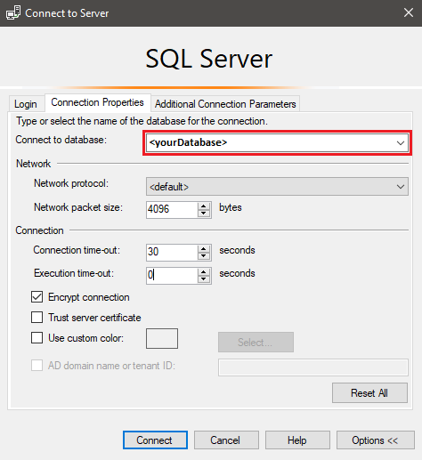 Screenshot of the options tab of the connect to server dialog box in SQL Server Management Studio (SSMS).