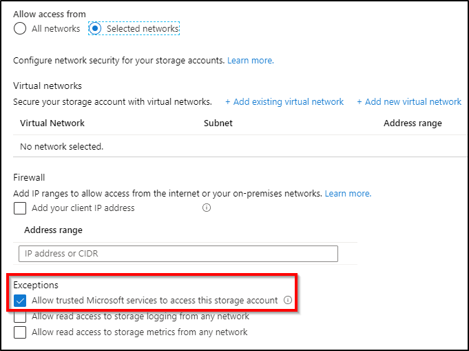 Screenshot showing Firewall and virtual networks dialog box, with Allow trusted Microsoft services to access this storage account selected.