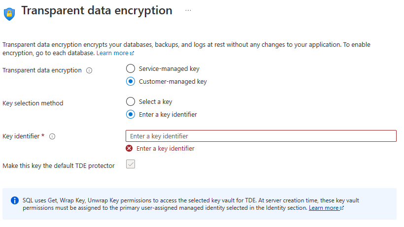 Screenshot configuring TDE using a key identifier.