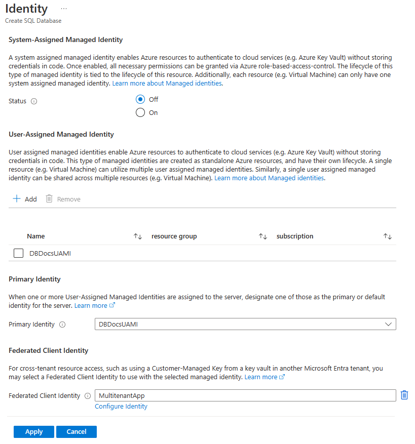 Screenshot of user assigned managed identity when configuring server identity.