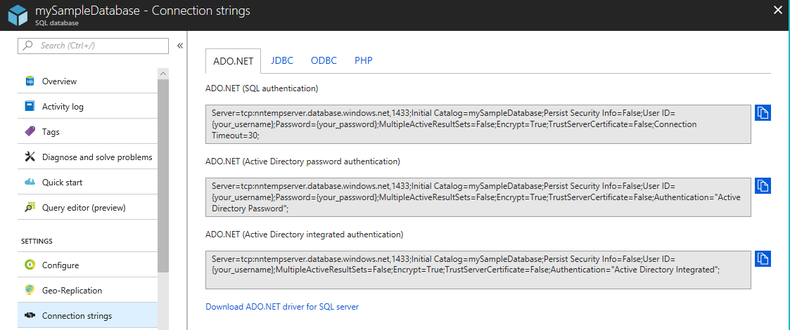 Copy the ADO connection string for your database