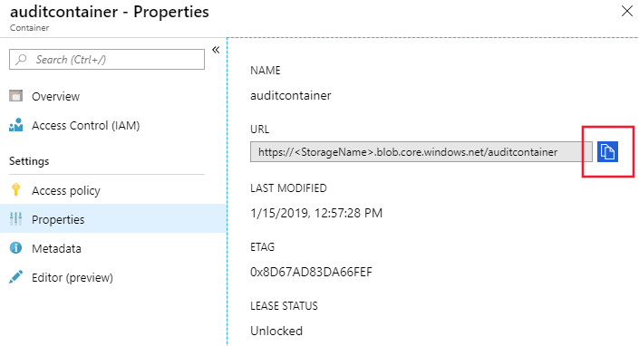 Screenshot showing the Blob container copy URL.