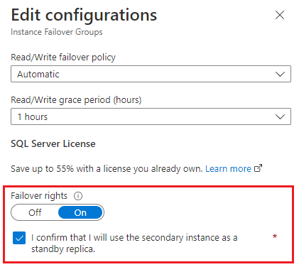 Screenshot that shows the Failover groups pane in the portal and Failover rights highlighted.