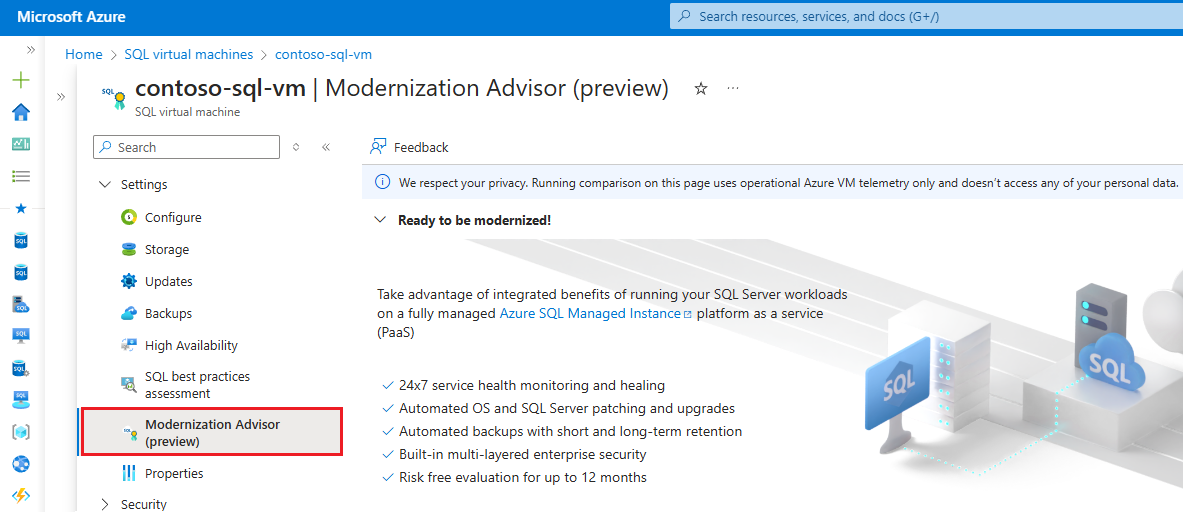 Screenshot of the Modernization Advisor in the Azure portal.