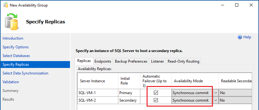  On the **Specify Replicas** page, check the boxes for Automatic Failover and choose Synchronous commit for the availability mode