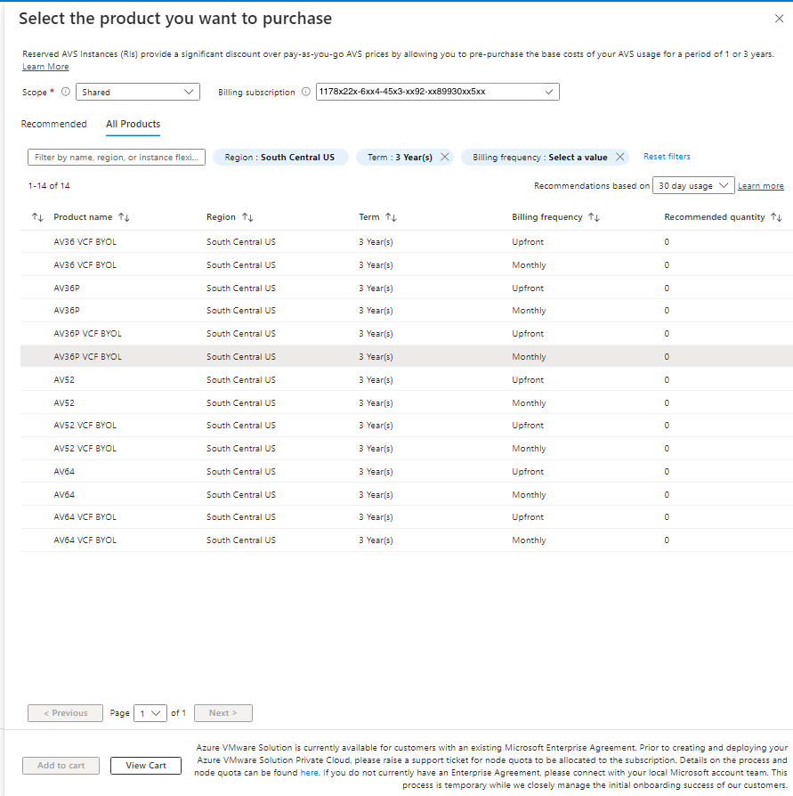 Screenshot of what product type to select while purchasing reserved instance for VCF subscription portability offering.