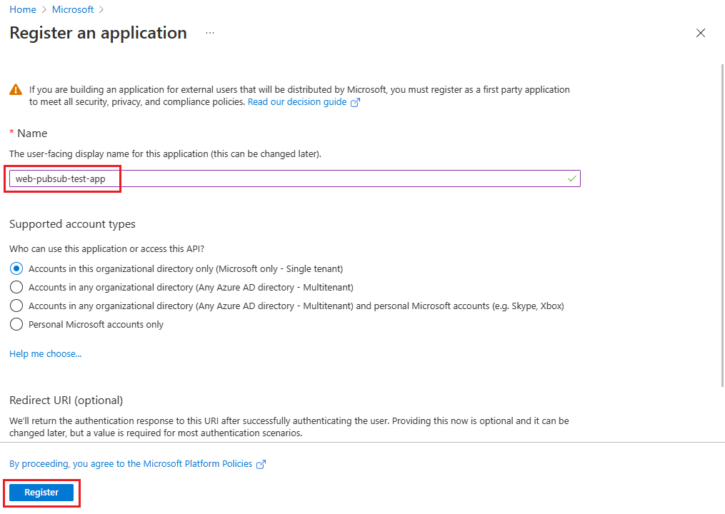 Screenshot that shows registering an application.