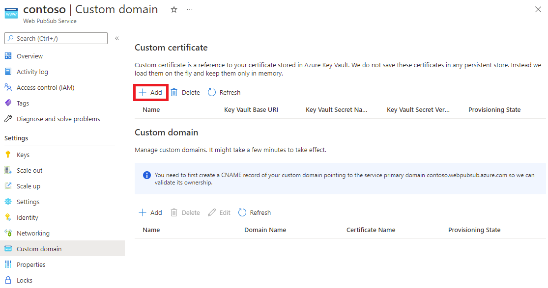 Screenshot that shows managing a custom certificate.