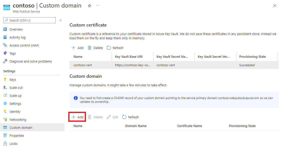 Screenshot that shows custom domain management.