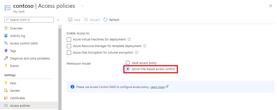 Screenshot of Azure RBAC selected as the key vault permissions model.