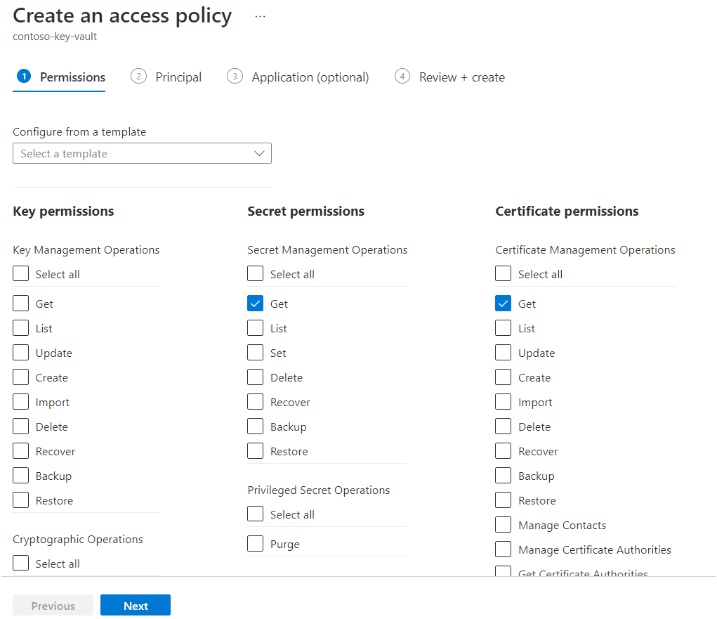 Screenshot of permissions selection in a key vault.