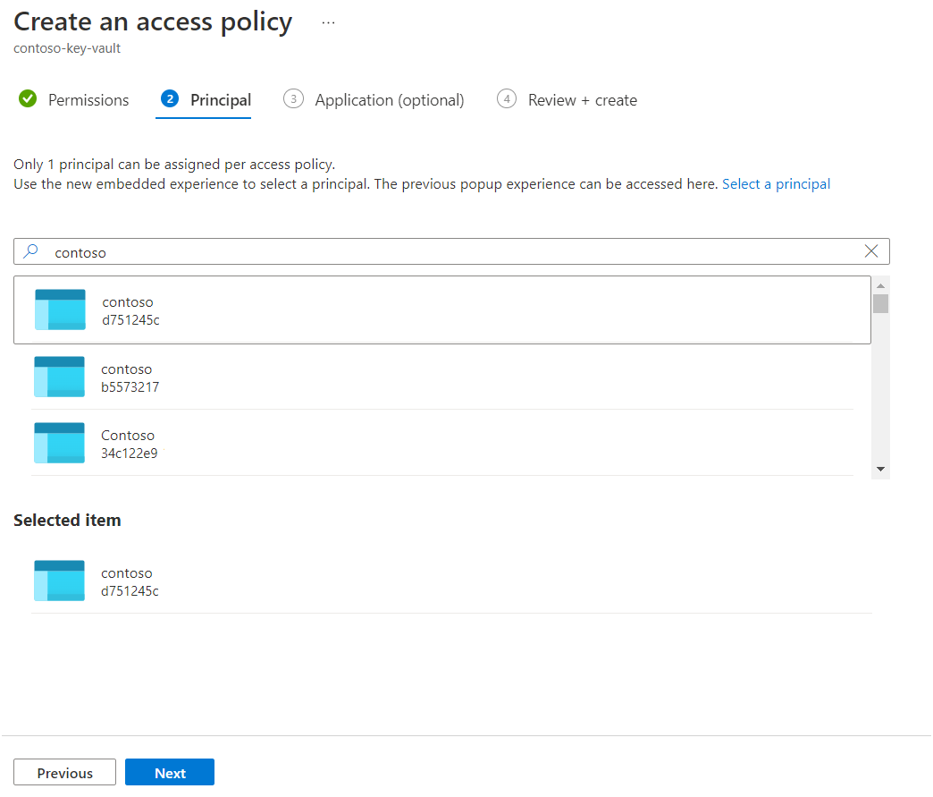 Screenshot of principal selection in a key vault.