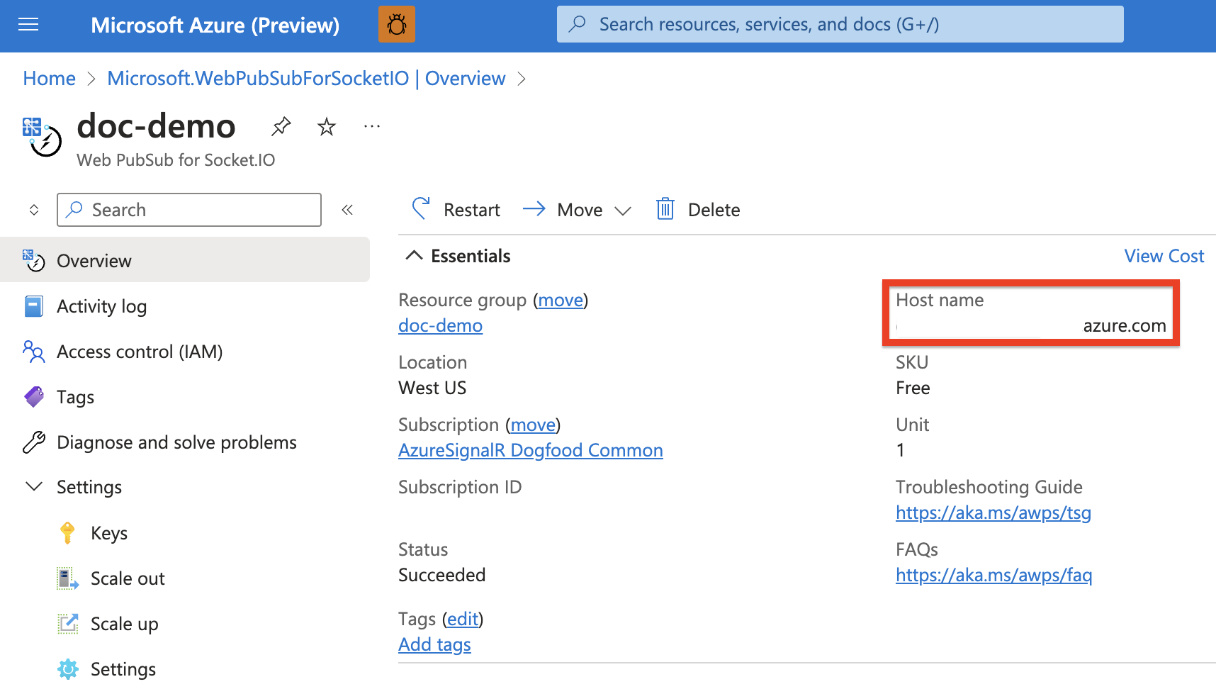 Screenshot of getting the endpoint to a Web PubSub for Socket.IO resource.