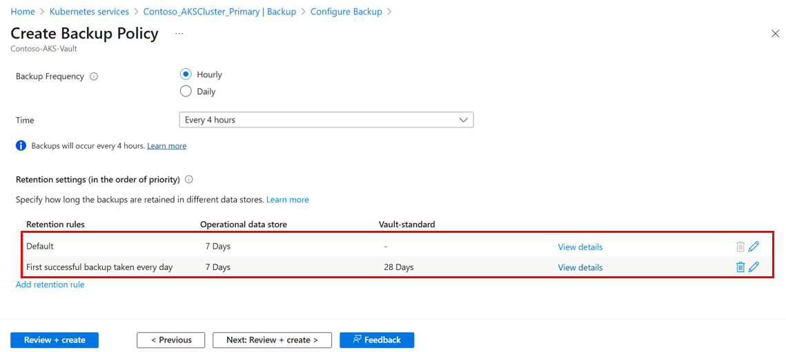 Screenshot that shows selection of retention period.