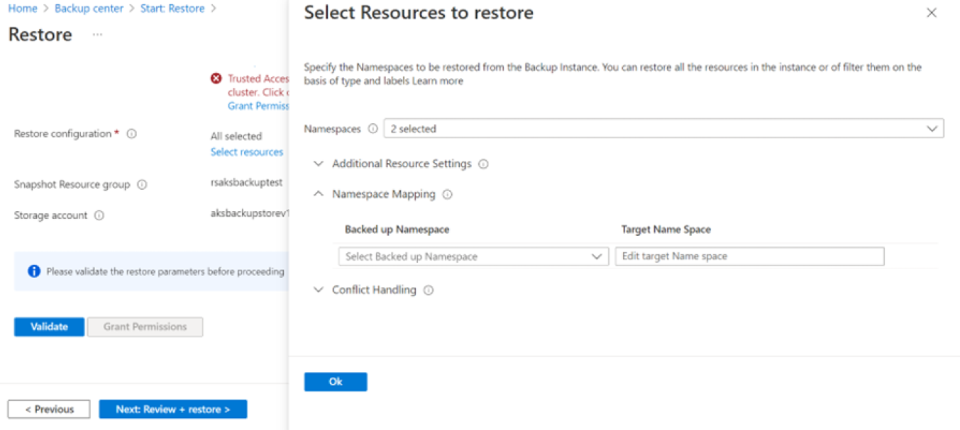 Screenshot shows the selection of namespace for migration.