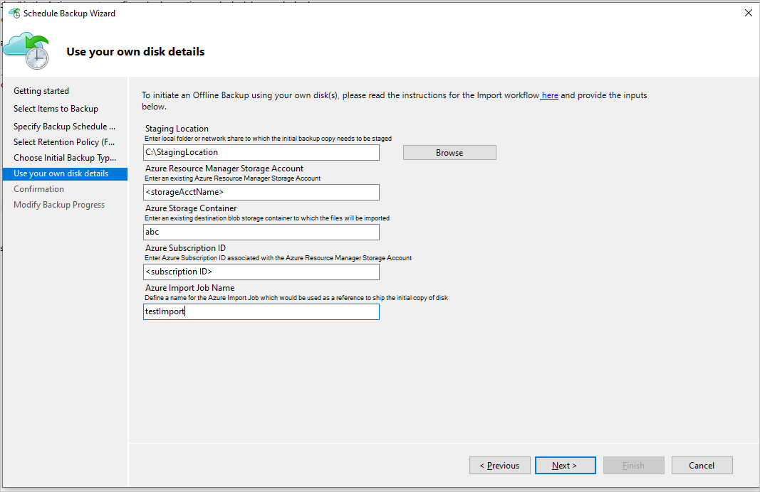 Screenshot shows how to enter the disk details.