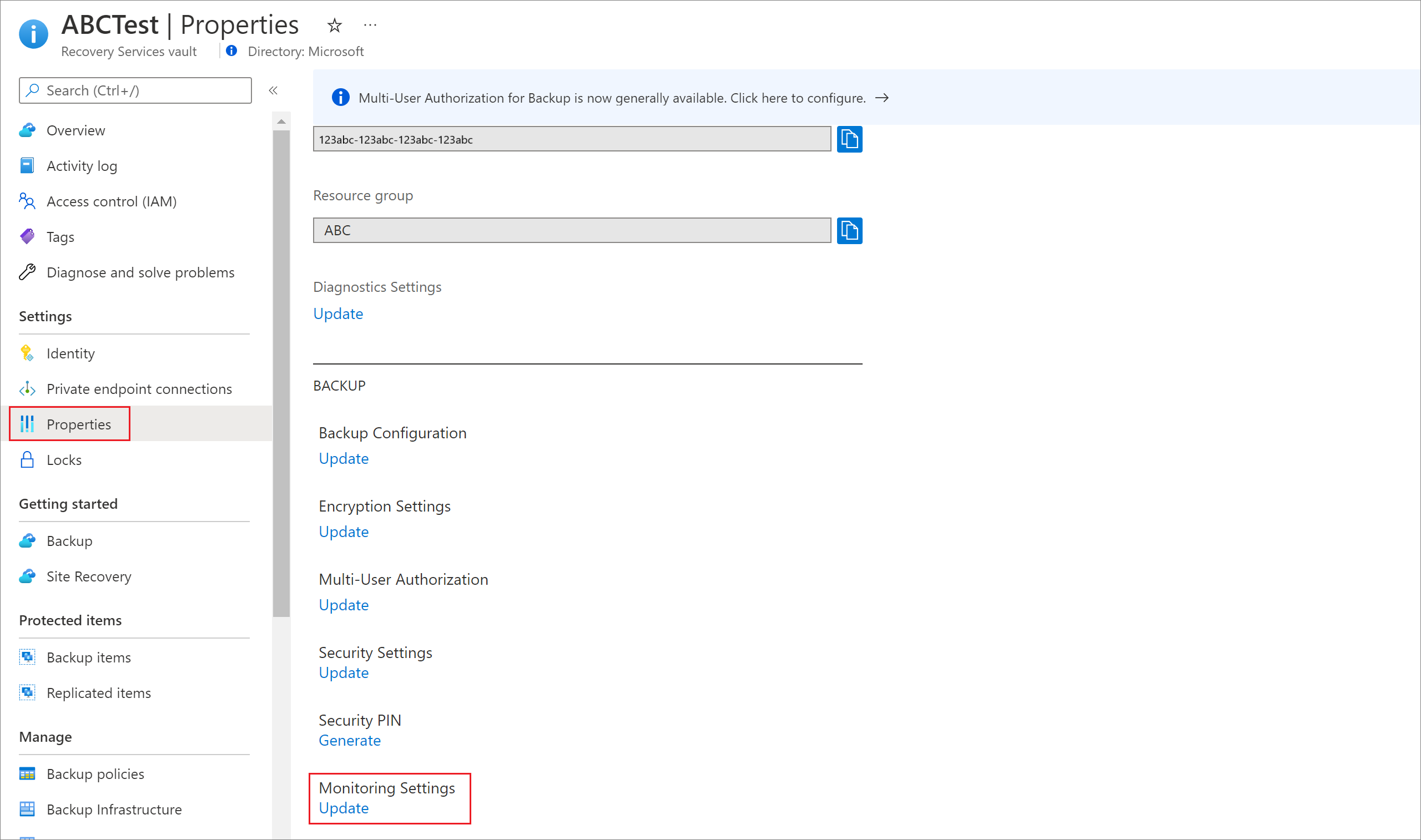 Screenshot showing how to update monitoring settings in Recovery Services vault.