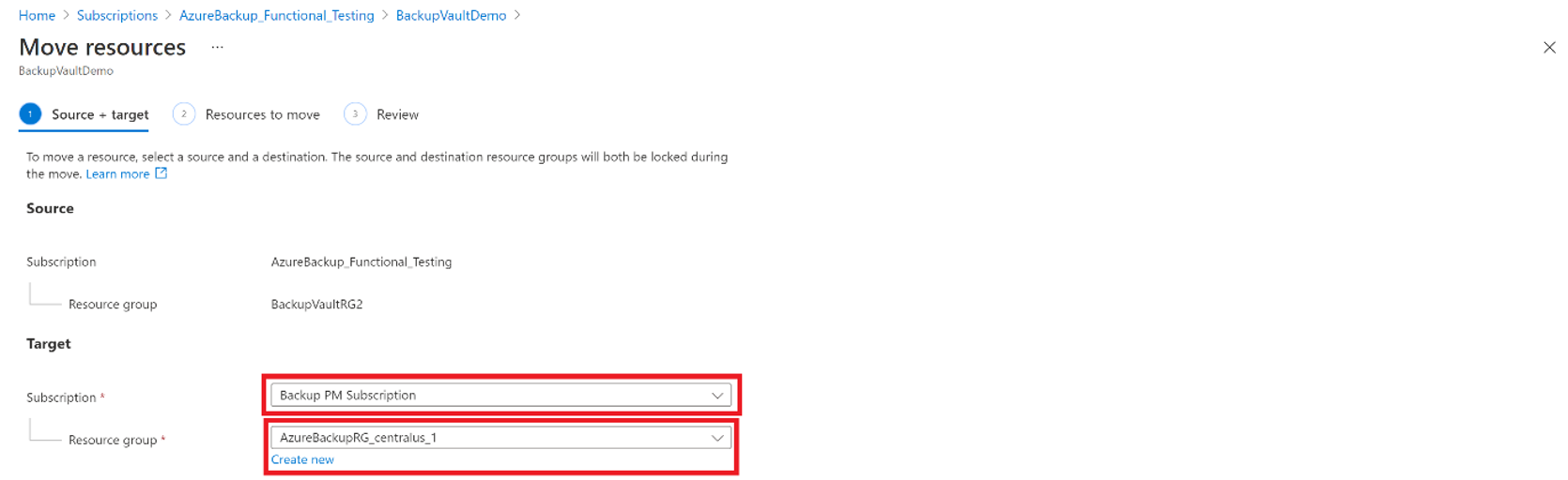 Screenshot showing the selection of an existing resource group or creation of a new resource group in another Azure subscription.