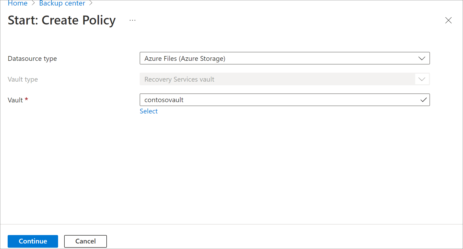 Screenshot showing to select Azure Files as the policy type.